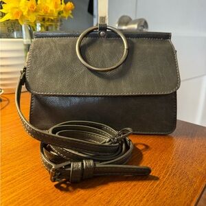 Gray Leather Crossbody Bag with Decorative Metal Ring